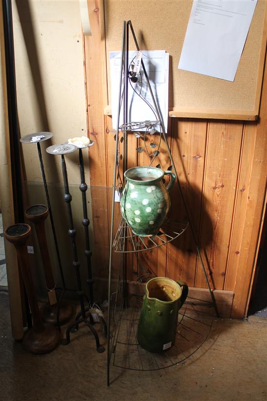 Bakers rack and 2 pottery jugs